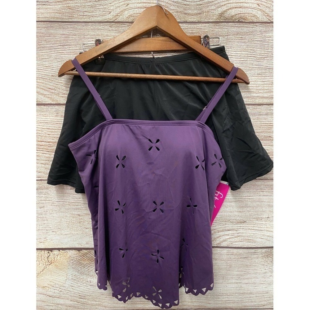 Fit 4U Tankini Swim Womens Size 10 Purple‎ Blk Hip Thinning Shorts Swimsuit New